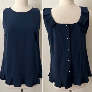 See U Soon Navy Blue Pleated Ruffle Pearl Button Sleeveless Tank Top